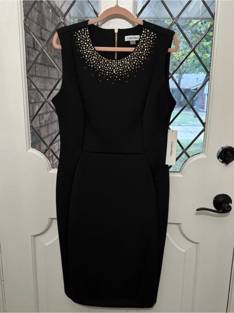 Calvin Klein Black Sleeveless Sheath Dress with Gold Embellished Neckline